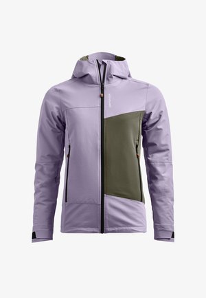 Helllila Jacke mit Kapuze, mit grünen Akzenten. Hergestellt aus glattem Stoff mit einer Farbmischung und schwarzen Reißverschlüssen.