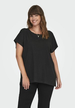 Black short-sleeve top featuring a relaxed fit, scattered metallic accents, and a rounded neckline. Fabric appears soft and smooth.