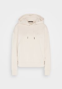 Sudadera crema con capucha ajustable, puños acanalados y un pequeño logo en relieve en el pecho, que presenta un corte relajado y una textura suave.
