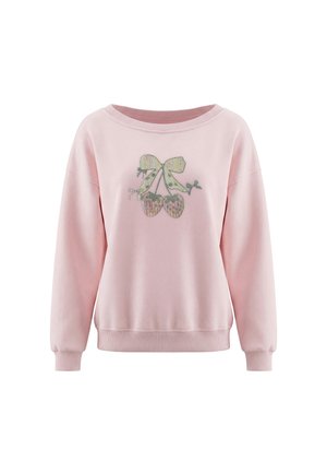 Lyserød langærmet sweatshirt med ribkanter ved ærmer og bund, dekoreret med en broderet sløjfe og to kirsebær foran.