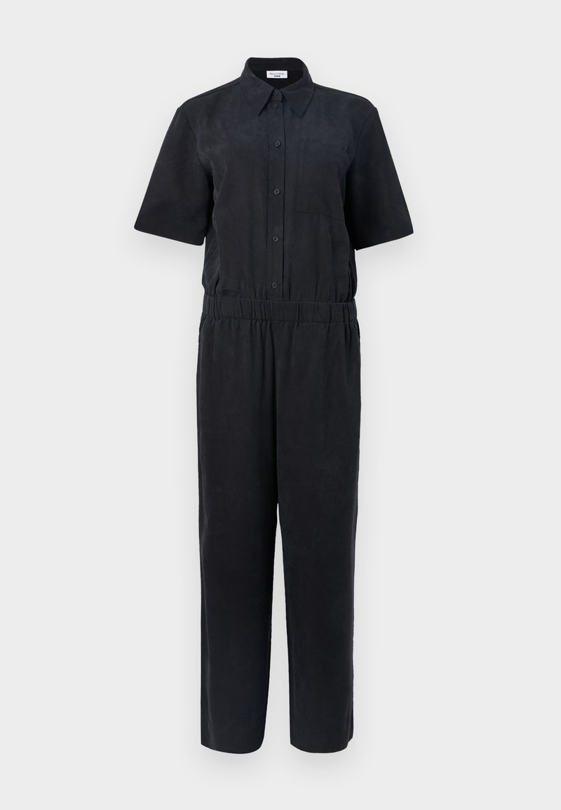 Black short-sleeve jumpsuit made of soft fabric, featuring a button-down front, elastic waistband, and wide-leg design.