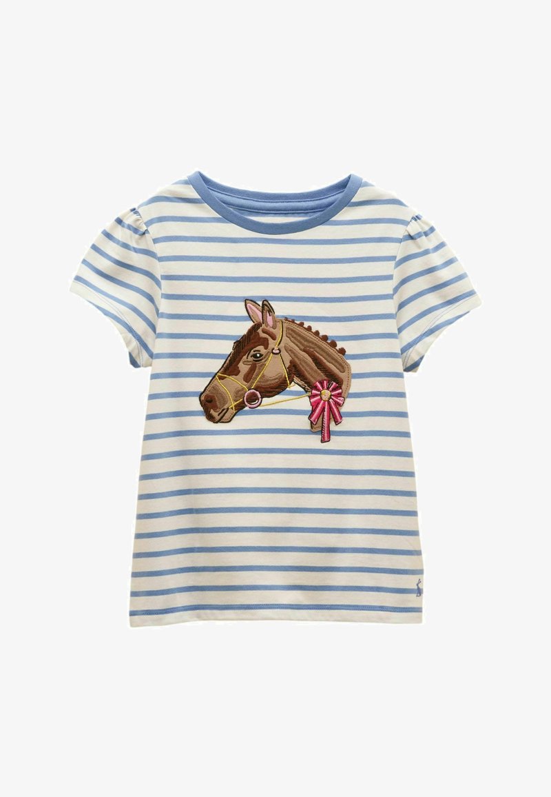 Chemise blanche à manches courtes pour enfants avec des rayures horizontales bleu clair et une tête de cheval marron brodée avec un ruban rose à l'avant.