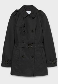 Trench-coat noir à double boutonnage, ceinture ajustable, deux poches avant et épaulettes. Confectionné en tissu lisse.