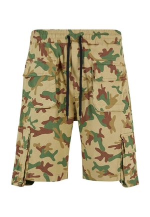 Maskáčové cargo šortky v béžovej, zelenej a hnedej farbe; vyrobené z ľahkej tkaniny s elastickým pásom a viacerými bočnými vreckami.