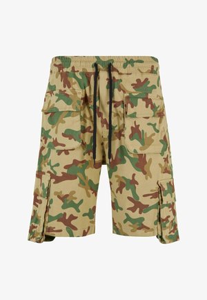 Maskáčové cargo šortky v béžovej, zelenej a hnedej farbe; vyrobené z ľahkej tkaniny s elastickým pásom a viacerými bočnými vreckami.