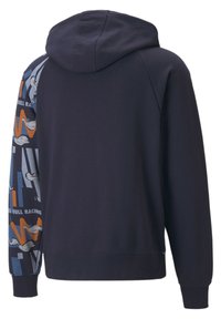 Felpa blu navy con cappuccio e coulisse, con una grafica colorata sulla manica sinistra che presenta design astratti e il testo "Red Bull Racing".