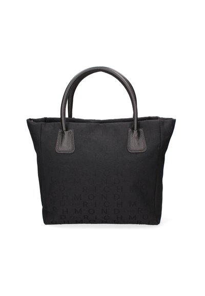 Sac fourre-tout noir en tissu texturé, doté de deux poignées courtes et d'un motif logo en relief répété sur le devant.