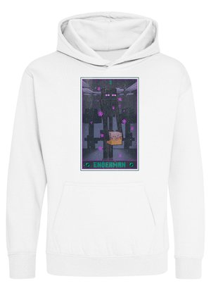 Biała bluza z kapturem z Minecraft Endermanem trzymającym brązowy blok wśród fioletowych cząstek na ciemnym pikselowym tle.