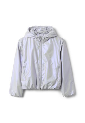 Hellgraue Kapuzenjacke mit Frontreißverschluss und Seitentaschen, elastische Bündchen und Saum, flach auf weißem Hintergrund dargestellt.