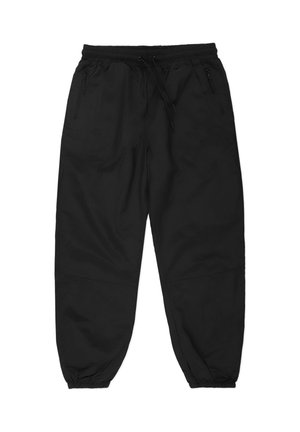 Czarne spodnie sportowe z elastycznym pasem, sznurkiem ściągającym i bocznymi kieszeniami na zamek. Wykonane z lekkiego materiału o kroju zwężanych nogawek.