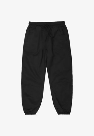 Czarne spodnie sportowe z elastycznym pasem, sznurkiem ściągającym i bocznymi kieszeniami na zamek. Wykonane z lekkiego materiału o kroju zwężanych nogawek.