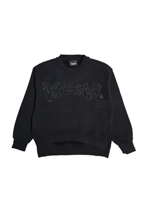 Felpa nera a maniche lunghe con polsini e orlo a coste, con la scritta "DISCLAIMER" in lettere puntinate stilizzate sul petto.