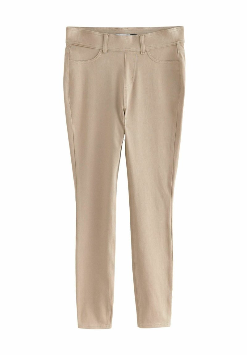 Beige Stretchhosen mit schmaler Passform, flachem Bund, Gürtelschlaufen, zwei Fronttaschen und glatter Textur.
