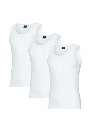 Drei schlichte weiße ärmellose Tanktops, nebeneinander angeordnet, jeweils mit rundem Ausschnitt und schwarzem Größenetikett innen.