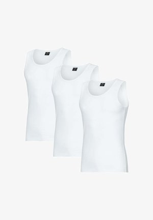 Tre canotte bianche semplici disposte affiancate, ciascuna con scollo tondo e etichetta della taglia nera all'interno.