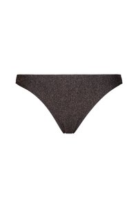 Bas de bikini noir pailleté avec une taille basse et une couverture modérée, présenté sur un fond blanc.