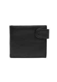 Black leather wallet with a smooth texture, bi-fold design, and a snap closure. Features subtle stitching and a compact rectangular shape.