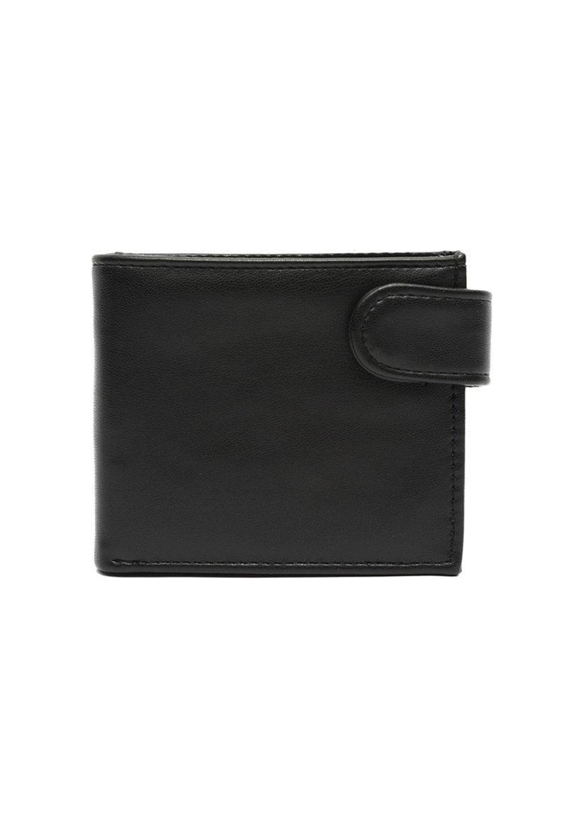 Black leather wallet with a smooth texture, bi-fold design, and a snap closure. Features subtle stitching and a compact rectangular shape.