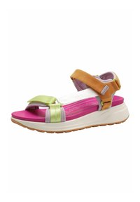 Colorful sandal with pink, green, and orange straps. Features a thick white sole and adjustable fasteners. Soft material with textured accents.