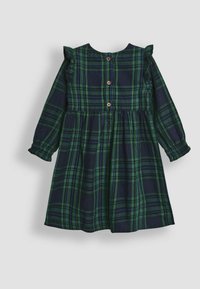 Grün und marineblau kariertes Kleid mit langen Ärmeln, Rüschendetails an den Schultern, Knopfverschluss im Rücken und gesmokter Taille.