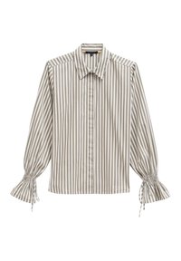 Gestreiftes Hemd in sanftem Beige und Cremeweiß, mit Kragen, Knopfverschluss und gerafften Ärmelbündchen. Glatte Stofftextur.