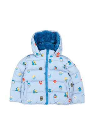 Doudoune légère bleu clair pour enfants avec imprimés colorés de personnages en forme d'œuf et capuche doublée en polaire bleue douce, fermeture éclair devant et poches latérales.
