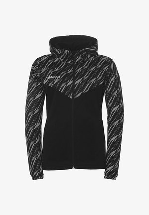 Zwarte ritsjack met capuchon en abstract grijs patroon op de schouders en bovenste mouwen; gemaakt van gestructureerde stof; logo op de borst.