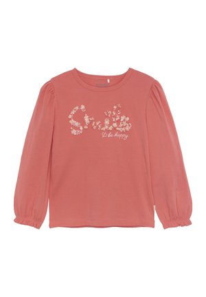 Rosa langermet t-skjorte med puffermer; "Smile"-tekst i blomsterdesign og "be happy" i hvitt under. Mykt bomullsmateriale.