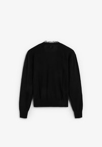 Zwarte gebreide trui met lange mouwen, geribde manchetten en zoom, met een textuur van kantdetails bij de hals. Achteraanzicht weergegeven.