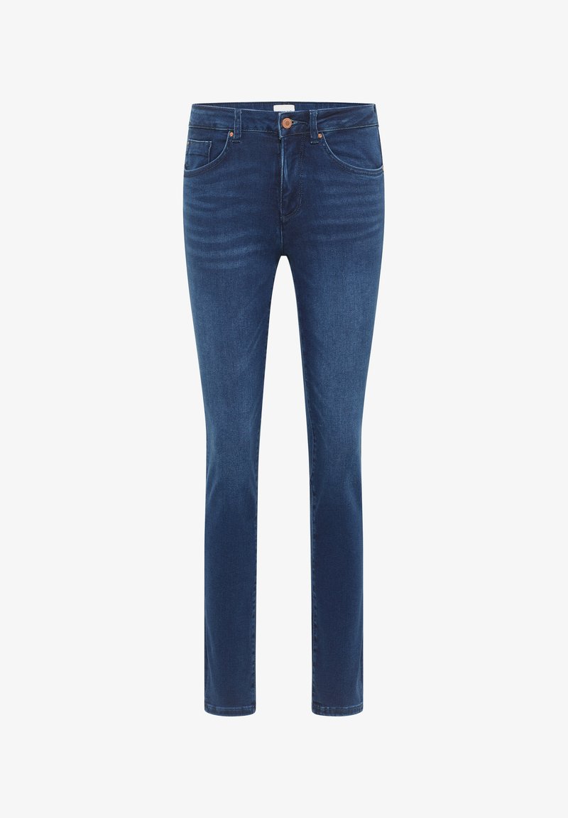 Schmal geschnittene Jeans aus dunkelblauem Denim mit glatter Textur, fünf Taschen und Hardware in Kupfertönen. Klassisches Design mit geradem Bein.