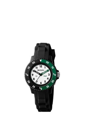 Black wristwatch with white face, labeled hour and minute hands, marked increments, and green and black bezel showing minute intervals.