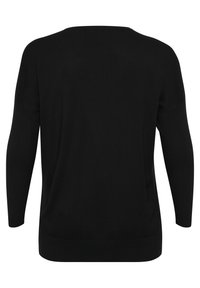 Pull noir à manches longues, en tissu tricoté doux, coupe décontractée, encolure large et ourlet arrondi. Pas de motifs visibles ni de détails matériels.