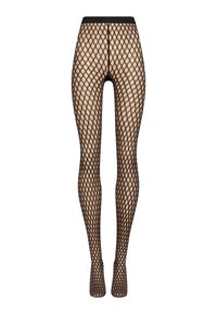 Collant a rete nera con motivo a diamante, design senza cuciture e vita nera solida. Materiale testurizzato ed elastico.