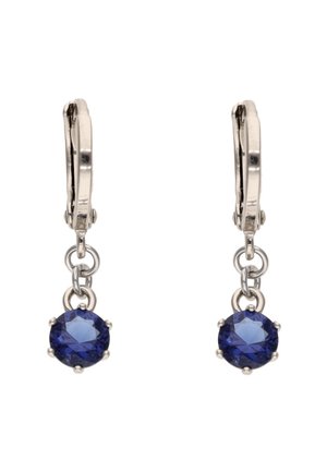 Naušnice srebrne boje s ovalnim plavim dragim kamenjem postavljenim u obujmice, ovješene s klamerica s oprugom s okruglim spojnim karikama.