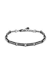 Bracciale in metallo con collegamenti allungati e finitura nera opaca. Include una chiusura a artiglio e catena regolabile per la misura.