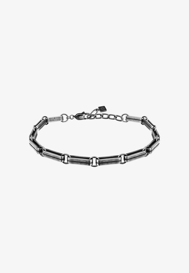 Bracciale in metallo con collegamenti allungati e finitura nera opaca. Include una chiusura a artiglio e catena regolabile per la misura.