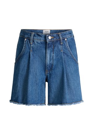 Blauwe denim shorts met voorzakken, riemlussen, knoopsluiting en een rafelige zoom, met het label "JOOP! Jeans" op de tailleband.