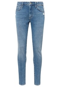 Ljusblåa denimjeans med slim fit, med femfickorsdesign, slitna detaljer och subtila urblekningar.