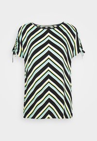 T-shirt à manches courtes avec des rayures en chevrons noires, blanches, menthe et jaunes. Comprend des accents à nouer sur les manches. Fabriqué en tissu léger.