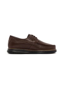 Chaussure en cuir brun avec une finition lisse, bout rond et quatre œillets pour les lacets. Présente une semelle en caoutchouc noir et des détails de couture subtils.