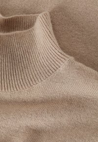Maglione beige chiaro con un collo a costine alto, che mette in risalto una morbida texture lavorata a maglia e sottili variazioni nella trama del tessuto.