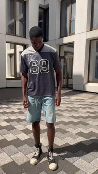 Gray jersey with number 69 and three stars, paired with light blue denim shorts. Black and beige high-top sneakers. Patterned pavement background.
