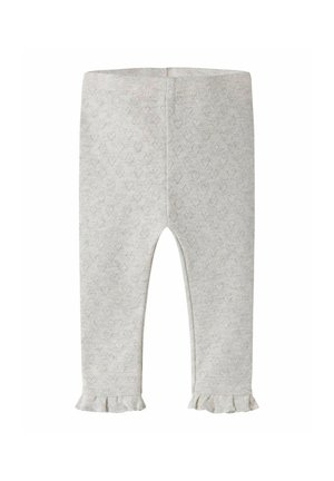 Leggings bébé gris clair avec un motif discret en forme de cœur et des ourlets à volants sur les deux jambes, présentés sur un fond blanc.