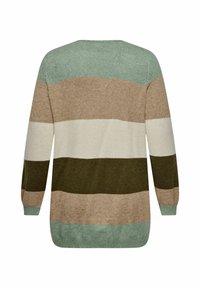 Adītas džemperis ar horizontālām svītrām zaļā, beiga, krēmkrāsas un tumši olīvkrāsas toņos. Brīva piegriezuma ar ribotām akcentiem uz piedurknēm un apakšmalas.