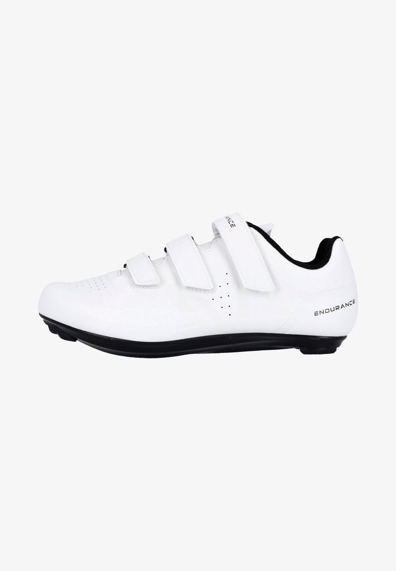 Witte fietsschoenen met drie klittenbandsluitingen, geperforeerde details en een zwarte zool. Gemaakt van synthetisch materiaal en een gladde textuur.