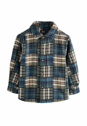 Plaid shirt in cotton flannel featuring blue, green, and brown colors, a collar, button front, and long sleeves with buttoned cuffs.
