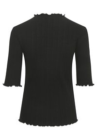 Melnā ribotā blūze ar apaļu dekoltē un īsām piedurknēm. Aizraujošas malām dekoltē un piedurkņu apakšmalām.