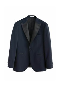 Marineblaues Smoking-Jacket mit Satin-Schalkragen, einreihiger Knopfschluss, zwei Fronttaschen und detaillierten Knopfakzenten an den Ärmeln.