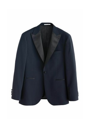 Marineblaues Smoking-Jacket mit Satin-Schalkragen, einreihiger Knopfschluss, zwei Fronttaschen und detaillierten Knopfakzenten an den Ärmeln.