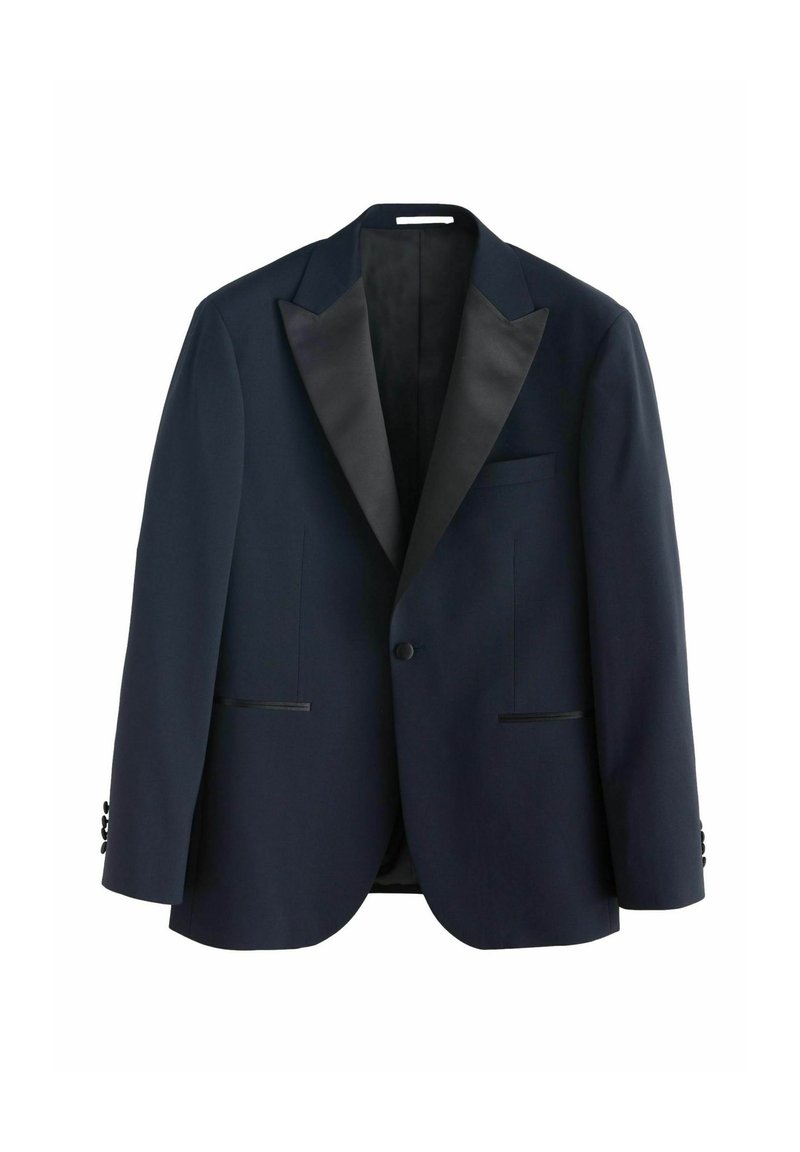 Marineblaues Smoking-Jacket mit Satin-Schalkragen, einreihiger Knopfschluss, zwei Fronttaschen und detaillierten Knopfakzenten an den Ärmeln.